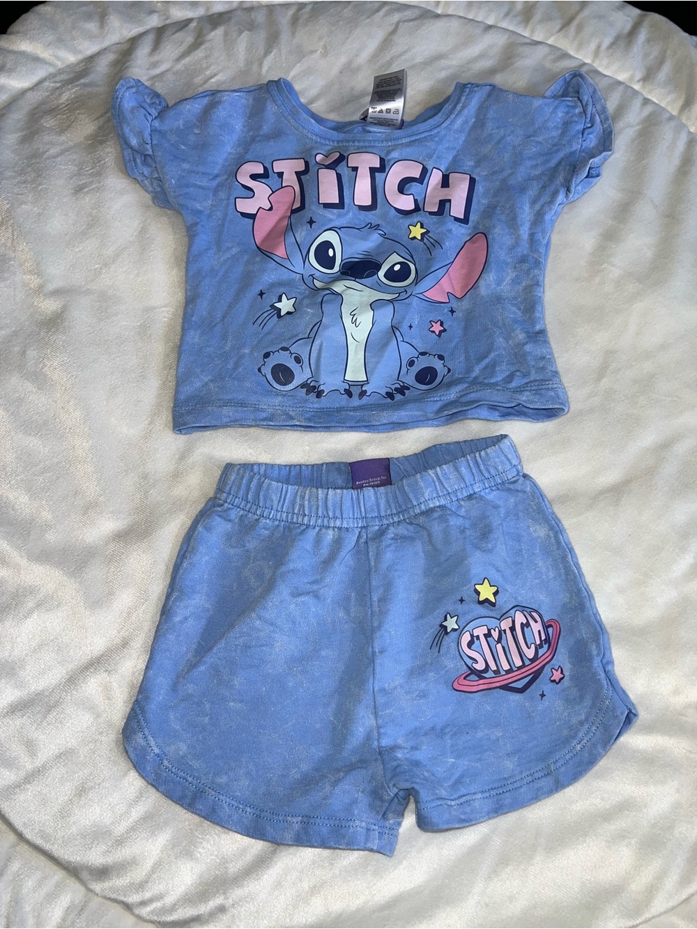 bebe Blue Stitch Graphic Crop Top and Shorts Set